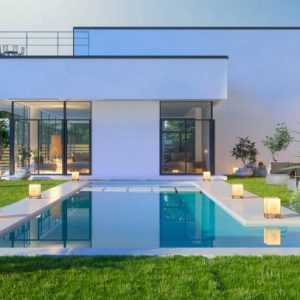 Exterior Of Luxurious Modern Villa With Swimming Pool And Garden